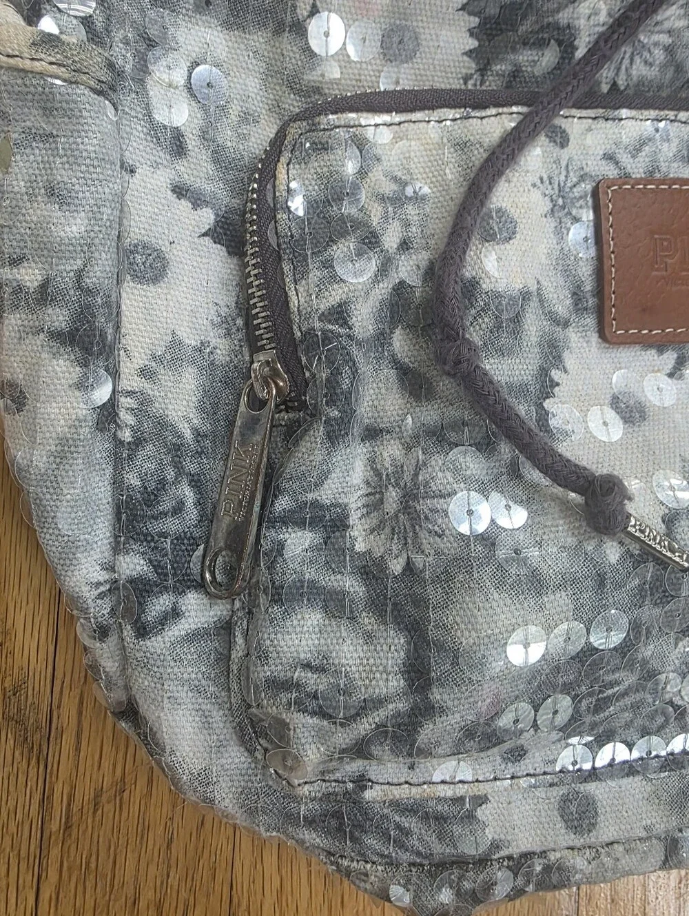 Y2K McBling PINK Victoria's Secret Grey White Floral Backpack Sequin 17x11x5